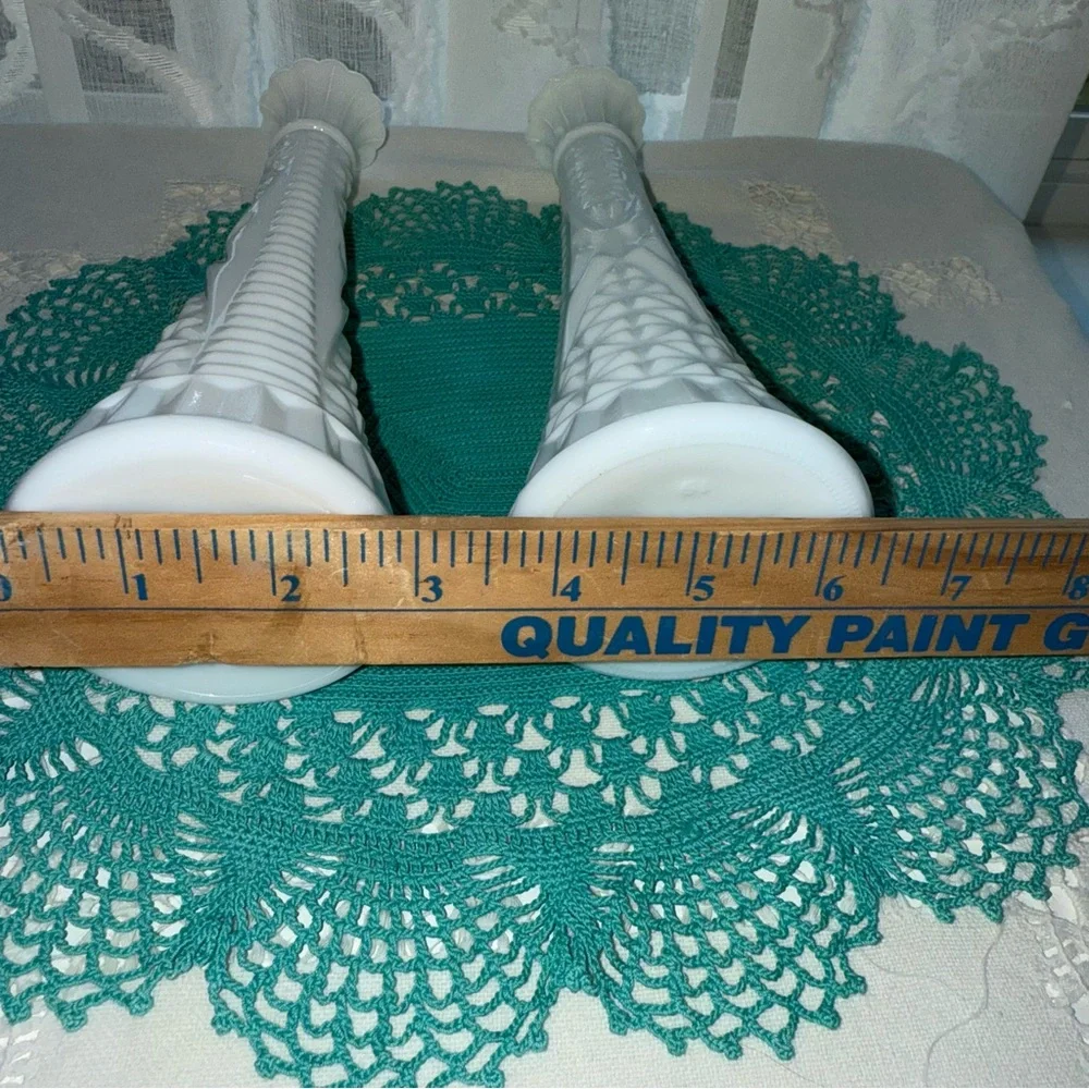 Vintage Hobnail Geometric Diamond Cut Elegant White Milk Glass Vases set of 2 - Picture 6 of 9